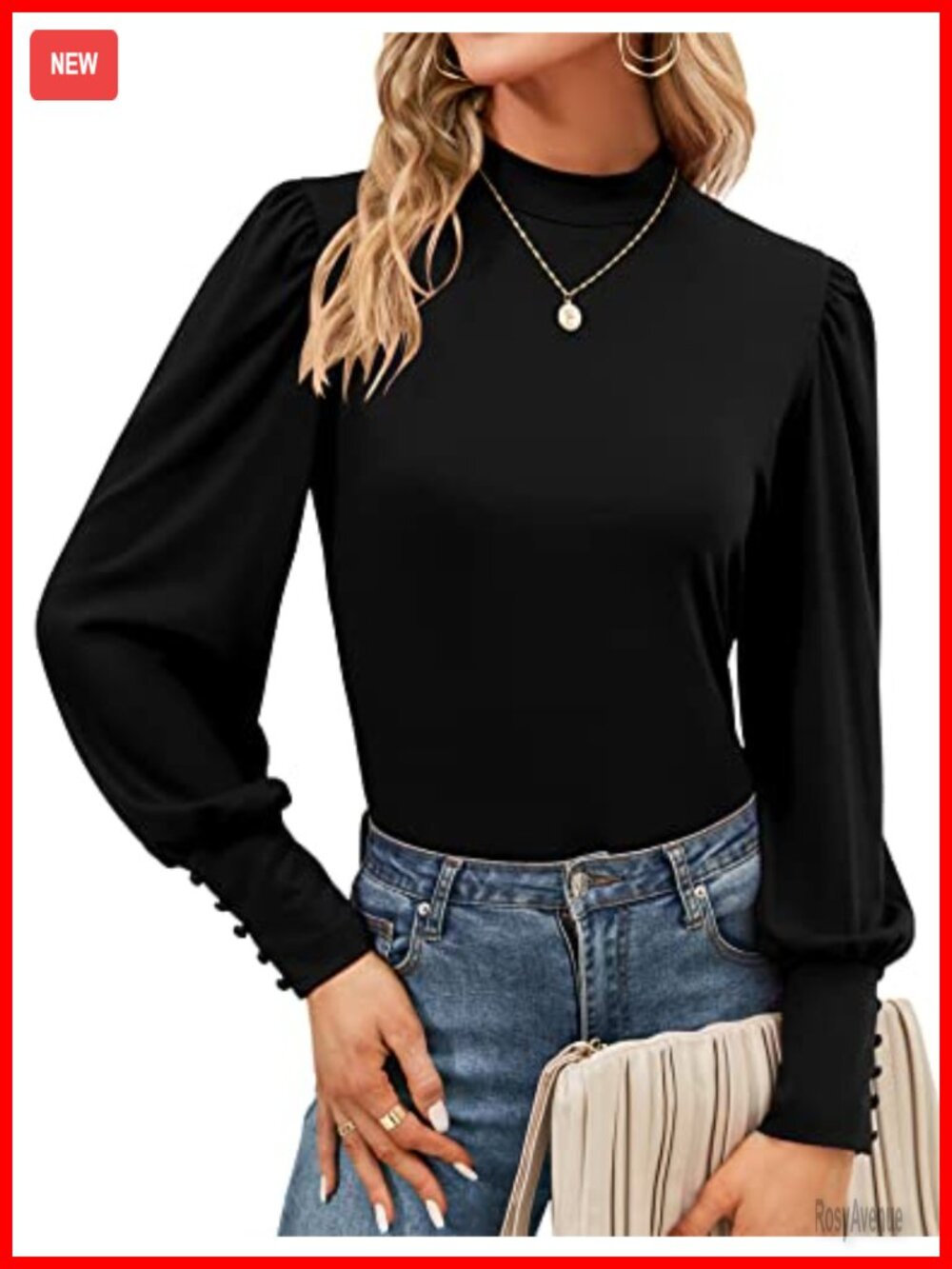 Mock Neck Puff Sleeve Long Sleeve Blouse Button Cuff Tunic Work Top